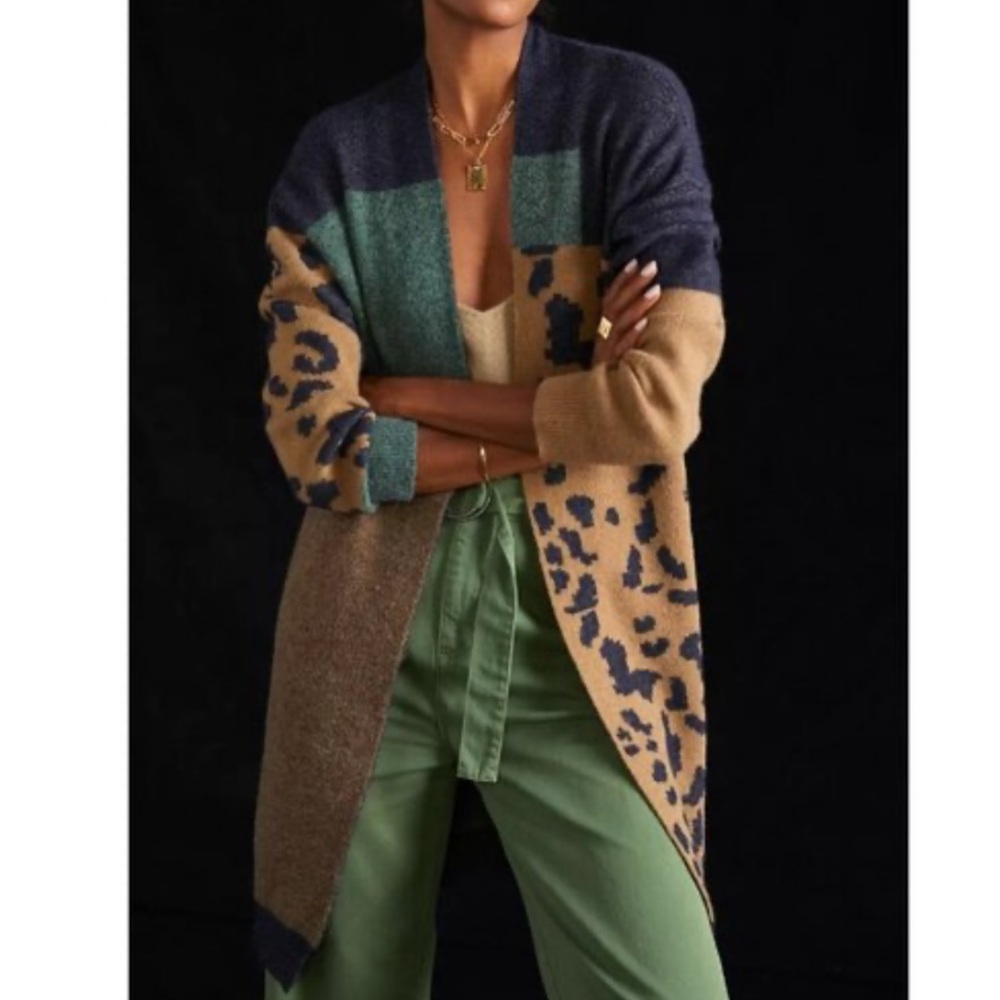 Anthropologie Pilcro Cardigan Sweater One Size Open Front Patchwork Animal Print